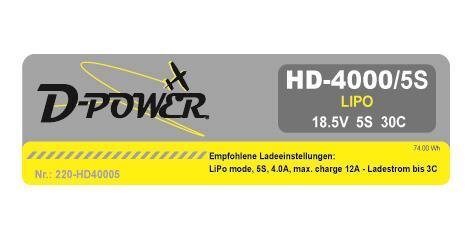 D-Power HD-4000 5S Lipo (18,5V) 30C mit T-Stecker