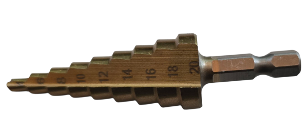 Hepf Stufenbohrer HSS Titan Durchmesser 4-20mm 9-stufig 1/4zoll 6-kant