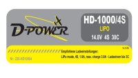 D-Power HD-1000 4S Lipo (14,8V) 30C - mit BEC Stecker