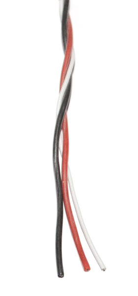 BUS-Litze 2 x 0,5mm² + 1 x 0,14mm², 1lfm, verdrillt Silikon schwarz - rot - weiß, flexibel, sehr glatt, damit gutes Gleitverhalten (Servokabel)