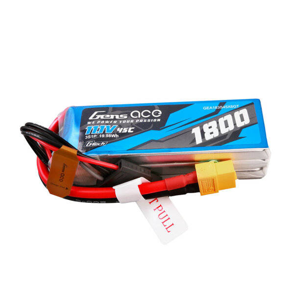 Gens ace G-Tech 1800mAh 11.1V 45C 3S1P Lipo Battery Pack with XT60 Plug