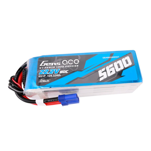 Gens ace G-Tech 5600mAh 80C 22.2V 6S1P Lipo Battery Pack with EC5 plug